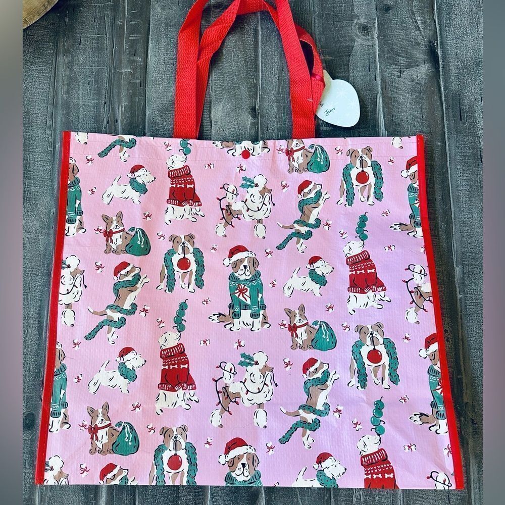 Reusable Pink Christmas Dogs Print Large Eco Shopping Travel Tote Bag